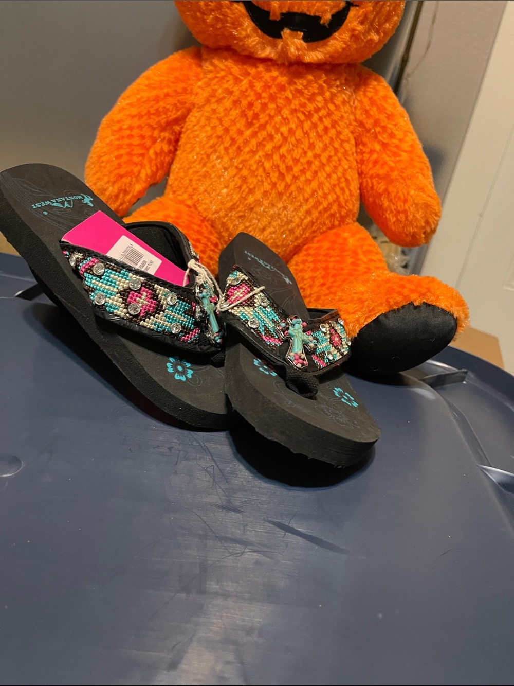New Embroidered Black Flip-Flop Kids Sandals- Turquoise & Pink size SM 12/13